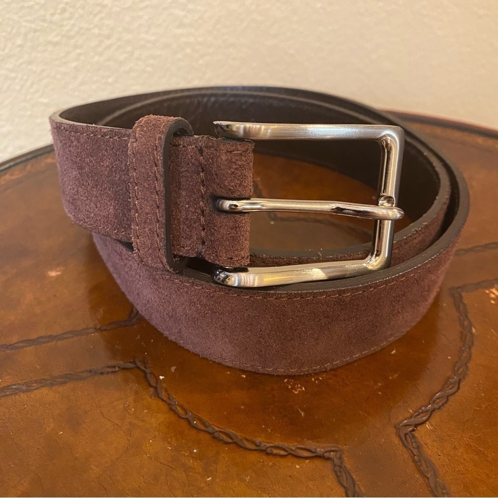 FOSSIL Men Jim Dark Brown Genuine Leather Suede Silver Buckle Belt Size 38